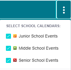 Turn on or off the school calendars that you wish to view. Whole School events are always shown. Choose calendars in the header, or in the mobile dropdown menu.