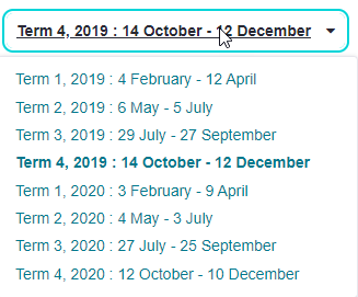 View an upcoming or previous term by clicking the term title or the mobile term dropdown menu.