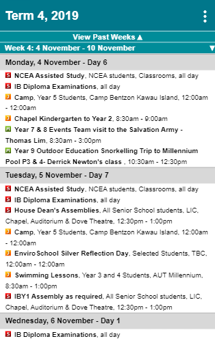 Weekly view displays the school term by week. View previous weeks by expanding the section 'View Past Weeks'. Future weeks can be displayed on mobiles by tapping on the week's header.